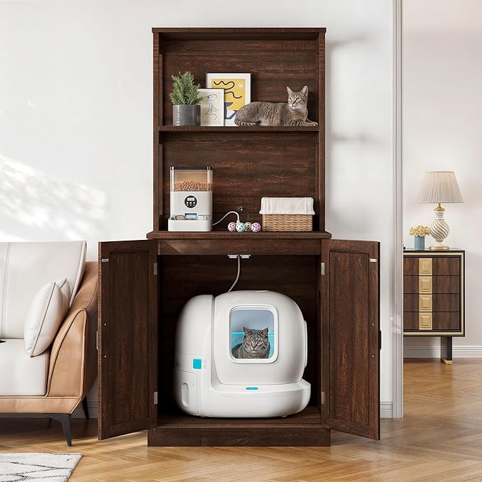 DWVO Large Hidden Litter Box Furniture with Shelves and Charging Station, Wooden Cat Litter Box Enclosure for Self-Cleaning Litter Boxes, Brown Oak