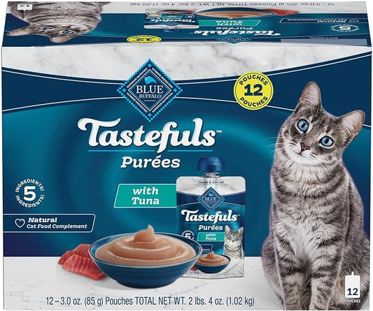 Blue Buffalo Tastefuls Adult Cat Natural Purées Multi-Pack, Tuna 3-oz Resealable Twist Cap Pouches (12 Count)