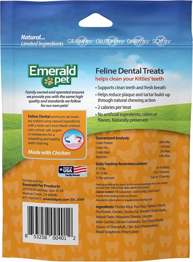 Feline Dental Treats — Tasty and Crunchy Cat Dental Treats Grain Free — Natural Dental Treats to Clean Cat Teeth, Freshen Cat Breath, and Reduce Plaque and Tartar Buildup — Chicken Treats, 3 oz