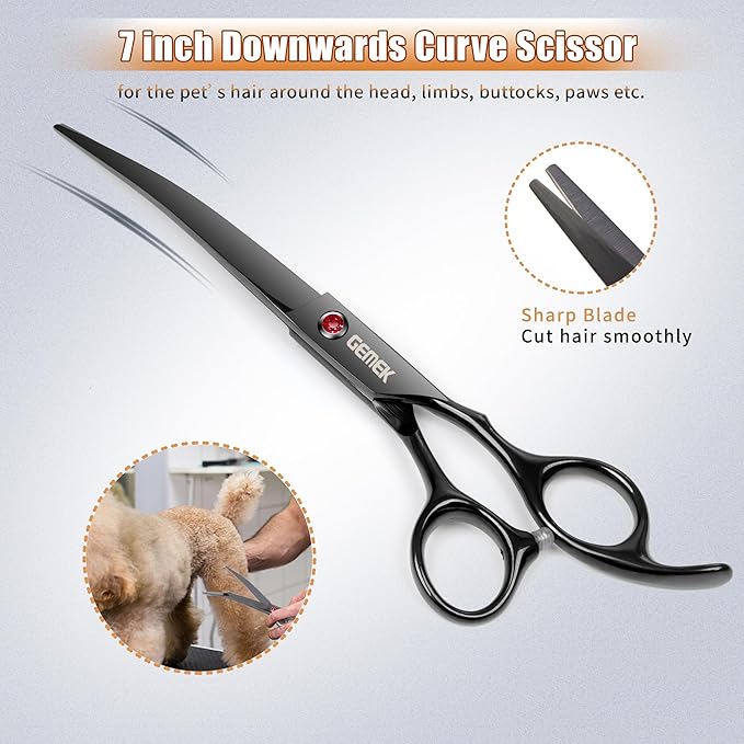 7.0in Titanium Professional Dog Grooming Scissors Set, GEMEK 6 in 1 Straight & Thinning & Upwards Curved & Downwards Curved Scissors & Comb for Dogs, Cats and Other Animals