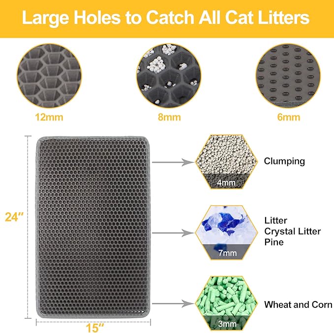 Cat Litter Mat Grey Trapping for Litter Box, No Slip & Large, Urine & Waterproof, Honeycomb Double Layer Anti Tracking Kitty Mats, No Phthalate, Washable Easy Clean (24" x 15", Grey)