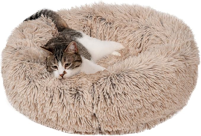 Furhaven 23" Round Calming Donut Dog Bed for Indoor Cats & Small Dogs, Washable, For Dogs Up to 20 lbs - Shaggy Plush Long Faux Fur Donut Bed - Taupe, Small, 23.0"L x 23.0"W x 9.0"Th