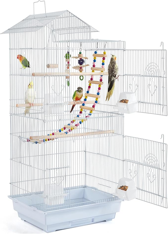 Yaheetech 39-inch Roof Top Medium Parakeet Bird Cages for Cockatiels Conures Finches Budgies Canaries Lovebirds Parakeets Green Cheek Small Birds Parrots, Travel Flight Birdcage w/Toys, White