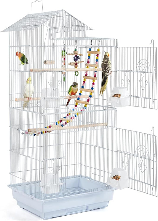 Yaheetech 39-inch Roof Top Medium Parakeet Bird Cages for Cockatiels Conures Finches Budgies Canaries Lovebirds Parakeets Green Cheek Small Birds Parrots, Travel Flight Birdcage w/Toys, White