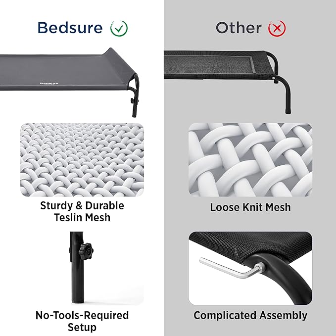 Bedsure XL Elevated Raised Outdoor Dog Bed - Cooling Dog Cot Bed with Bolster for Extra Large Dog, Lifted Pet Bed with Breathable Teslin Mesh, Dog Hammock Bed with Non-Slip Feet, Black, 42 inches