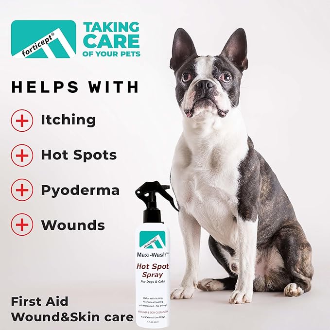 Forticept Maxi-Wash Hot Spot Spray Treatment, Wound Care & Itch Relief Spray for Dogs and Cats. Relives Scratching, Rashes, Sores, Itchy Skin and Paw Licking 8 oz