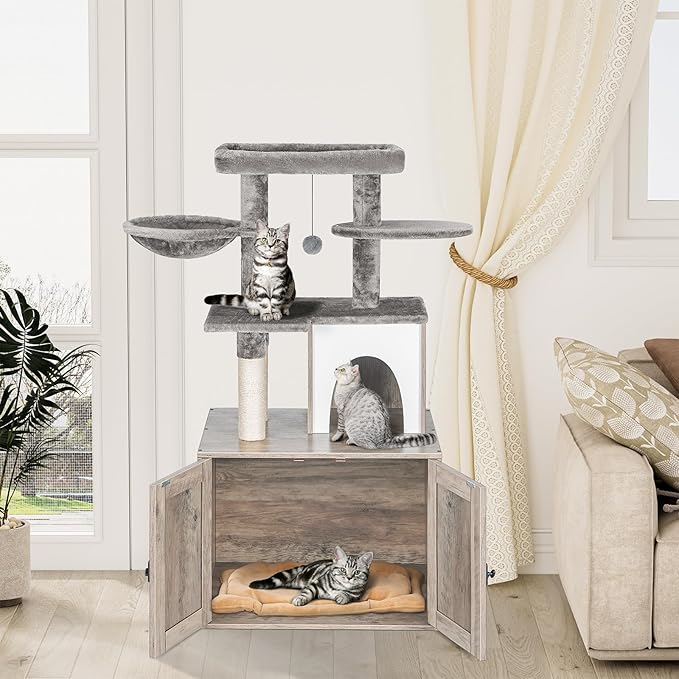 Snughome Cat Litter Box Enclosure with Cat Tree Tower and Condo, Hidden Cat Washroom Furniture with Sisal Scratching Post and Soft Plush Perch, Wooden Cat Furniture with Multiple Platforms, Grey