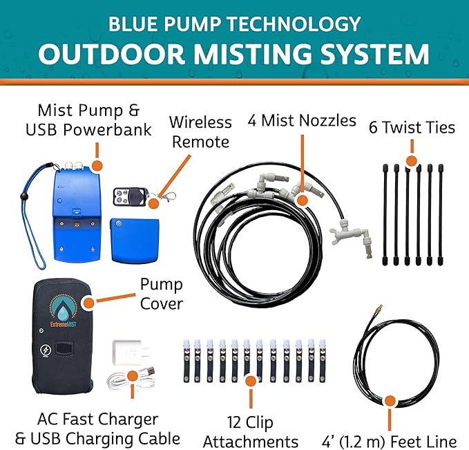EXTREMEMIST Portable Misting System - 4 Mist Nozzles | Easy to Setup | 16 ft. Mist Line for Outdoor Patios, Golf Carts, Greenhouses, Canopy, Decks & More - Cools The air up to 30°F (17°C)!