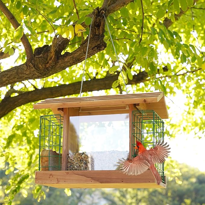 Bird Feeders with 2 Suet Cages, Wooden Wildbird Feeder with Large Capacity, Ideal for Outside Hanging, Nature