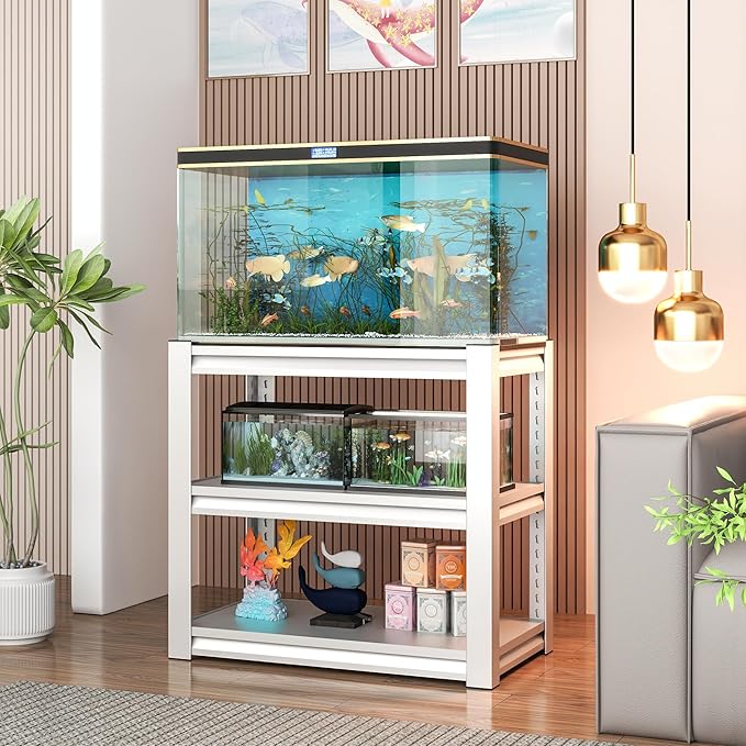 Fish Tank Stand,3-tier Rack Shelf heavy duty Metal Frame Aquarium Stand 20 Gallon,Reptile Terrarium Stand for 30 Gallon Long Aquarium,Reptile Tank Stand,Breeder Tank Stand,31.5"*18"*34"White