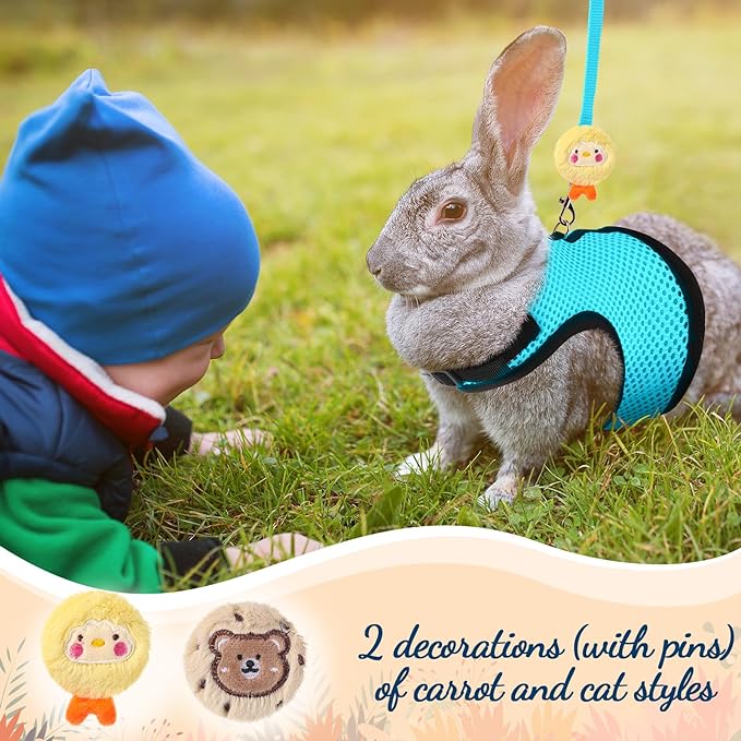 Rabbit Harness and Leash Set with 2 Cute Decorations Soft Adjustable Buckle Breathable Mesh Vest Harness for Rabbits Ferret Small Pig Puppy Walking Supplies (Light Blue,Lively Pattern)