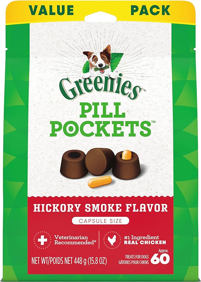 GREENIES PILL POCKETS for Dogs Capsule Size Natural Soft Dog Treats, Hickory Smoke Flavor, 15.8 oz. Pack (60 Treats)