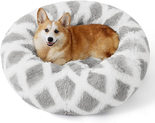 Bedsure Calming Dog Bed for Medium Dogs - Donut Washable Medium Pet Bed, 30 inches Anti-Slip Round Fluffy Plush Faux Fur Cat Bed, Fits up to 45 lbs Pets, Diamond Grey