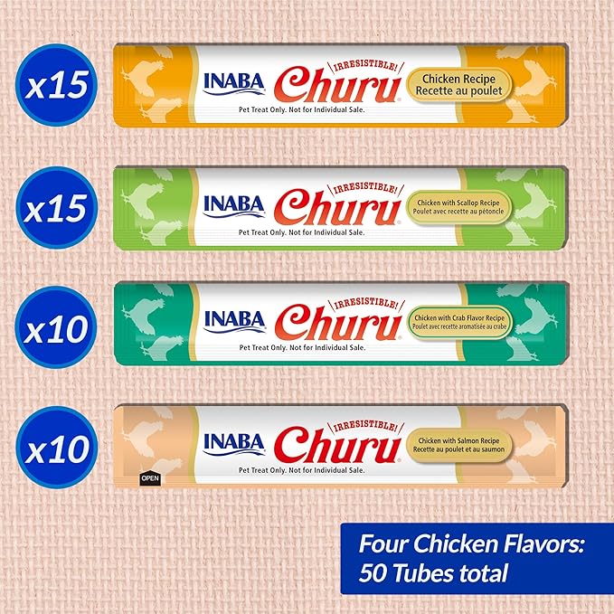 INABA Churu Cat Treats, Grain-Free, Lickable, Squeezable Creamy Purée Cat Treat/Topper with Vitamin E & Taurine, 0.5 Ounces Each Tube, 50 Tubes, Chicken & Seafood Variety