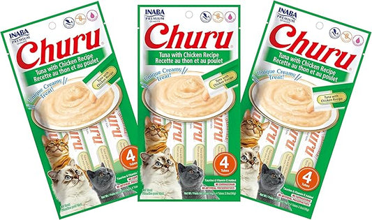 INABA Churu Cat Treats, Grain-Free, Lickable, Squeezable Creamy Purée Cat Treat/Topper with Vitamin E & Taurine, 0.5 Ounces Each Tube, 12 Tubes (4 per Pack), Tuna with Chicken Recipe