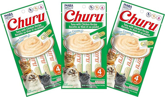 INABA Churu Cat Treats, Grain-Free, Lickable, Squeezable Creamy Purée Cat Treat/Topper with Vitamin E & Taurine, 0.5 Ounces Each Tube, 12 Tubes (4 per Pack), Tuna with Chicken Recipe