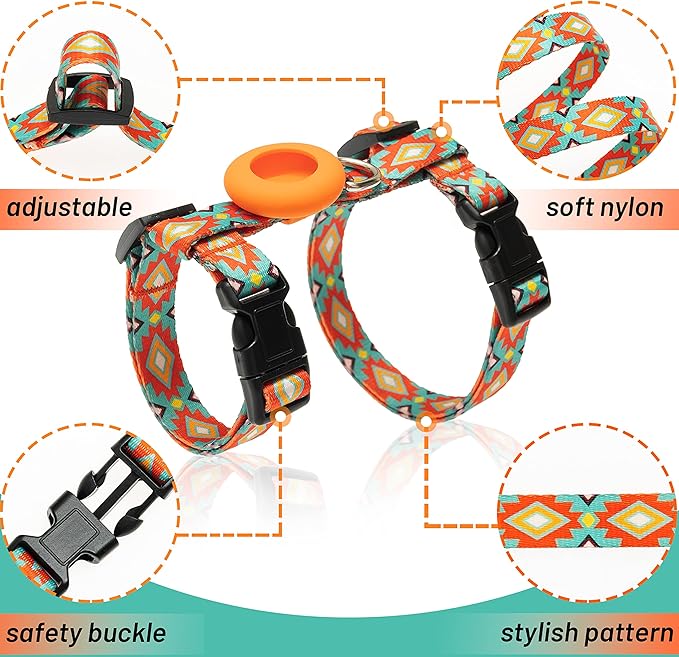 Cat Harness and Leash Escape Proof for Walking Travel Outdoor - Soft Nylon Adjustable Cute Cat Harness Leash Set with Airtag Holder for Small Large Cats