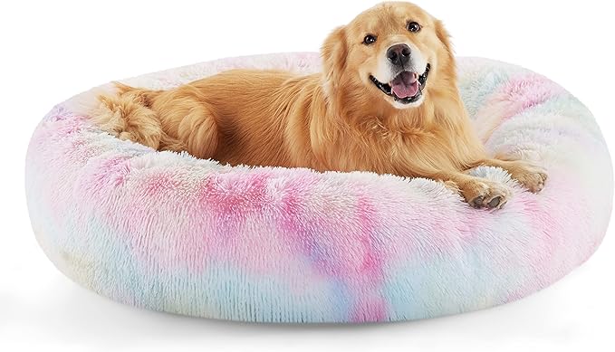 Bedsure Calming Dog Bed for Extra Large Dogs - Donut Washable Large Pet Bed, Anti-Slip Round Fluffy Plush Faux Fur Dog Bed, Fits up to 125 lbs Pets, Multi-colored, 45 inches