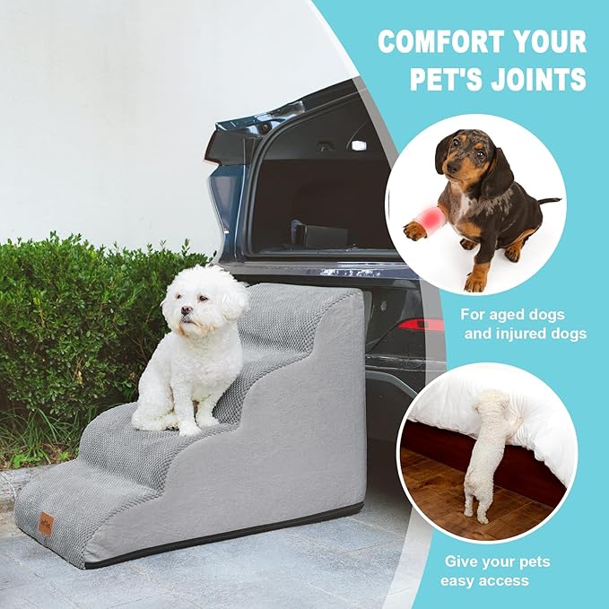 Dog Stairs for Medium Bed 20" H, Small Dogs Ramp with Leakproof Fabric Cover, Foam Pet Steps for Cat, Couch, Sofa, Lightweight, Non-Slip, Durable, Comfort, 15.7x28.3x19.7in, Grey, 4 Steps
