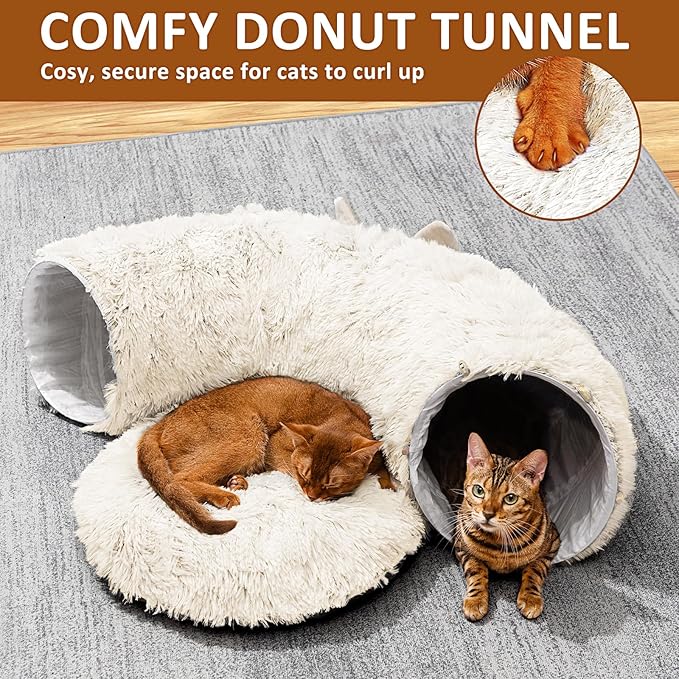 Cat Tunnel with Cat Bed for Indoor Cats, Soft Plush Peekaboo Cat Cave Donut Tunnel, Multifunctional Cat Playground Toys Hideplace for Small Medium Large Cats, Kittens, Rabbit, Ferret (Cream White)