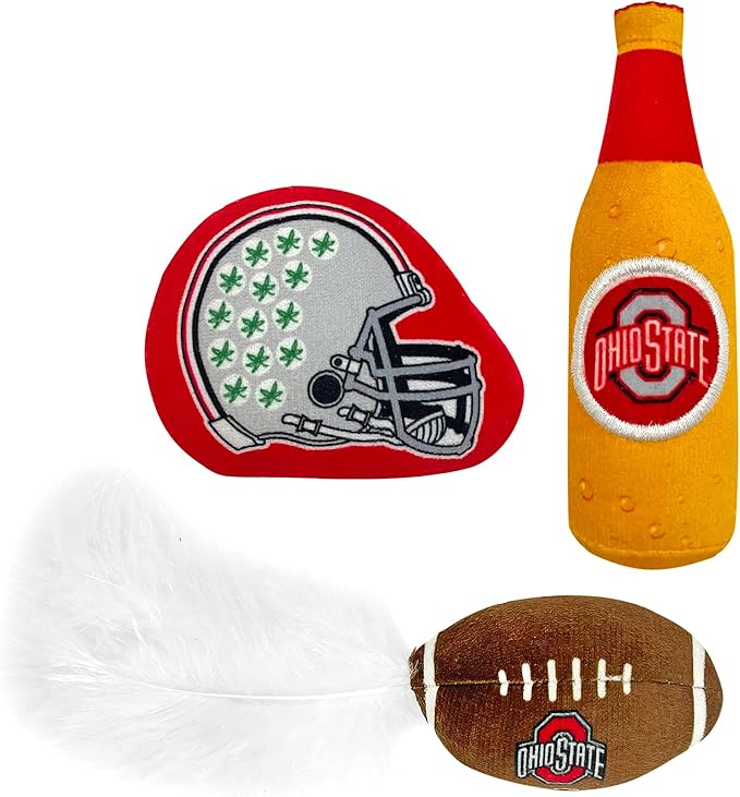 BEST PLUSH CAT TOY NCAA OHIO STATE BUCKEYES Complete Set of 3 piece Cat Toys filled with Fresh Catnip. Includes: 1 Helmet Cat Toy, 1 Football Cat Toy with Feathers & 1 Beer Bottle. Beautiful Team LOGO