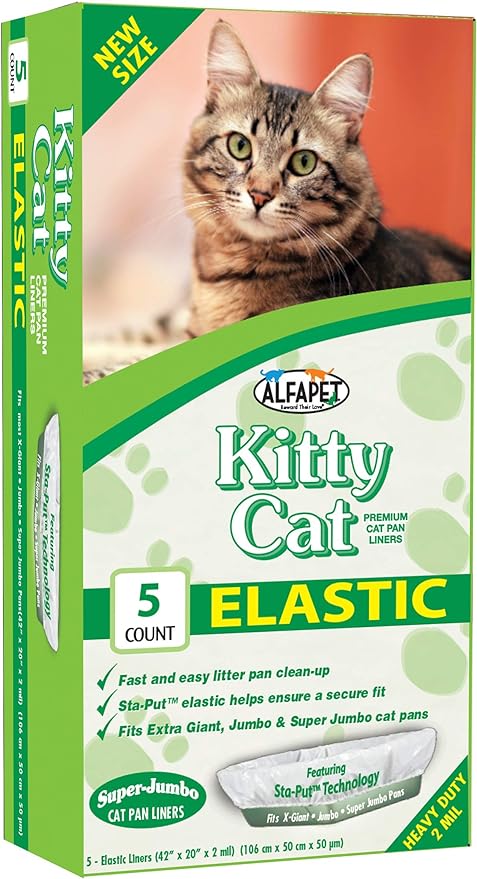 Alfapet Kitty Cat Pan Litter Box Liners-5-Pack-For Extra-Giant, jumbo, super-jumbo Size litter Pans- With Sta-Put Technology for Firm, Easy Fit- Quick + Clever Waste Cleaners… (5 count)