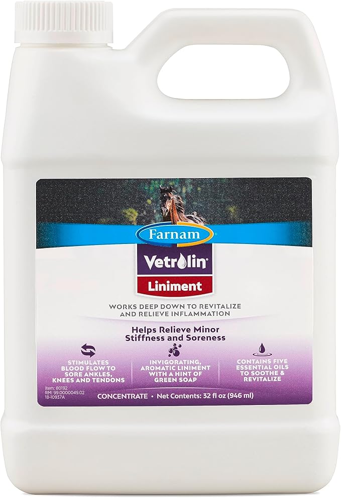 Farnam Vetrolin Horse Liniment for Muscle Soreness, Stiffness and Inflammation Relief on Horses, Helps Reduce Swelling, Aids in Pain Relief, 32 Oz.