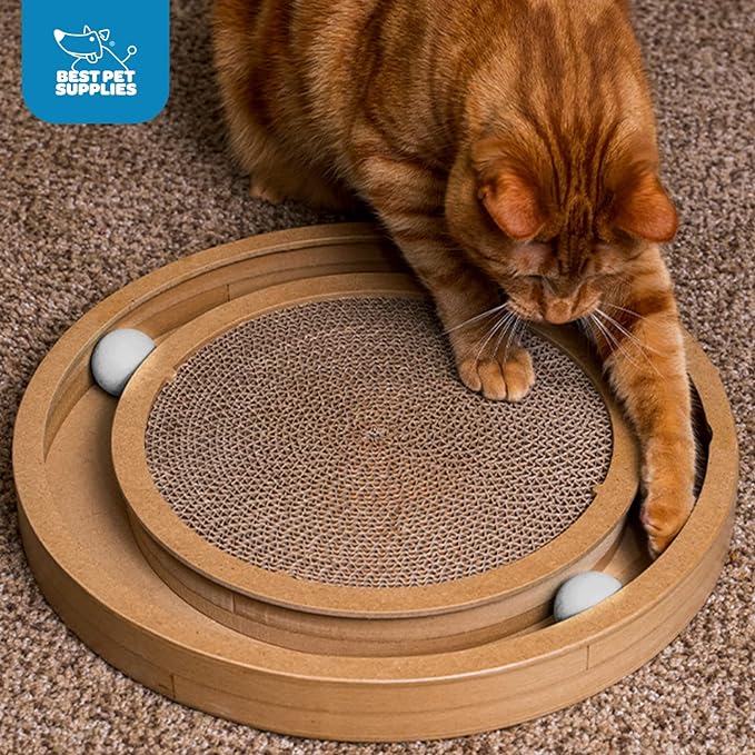 Best Pet Supplies Scratch and Spin Cat Scratcher Pad with Interactive Spinning Balls for Active Play, Natural Recycled Corrugated Cardboard, Supports Pet Behaviors, Relieves Stress