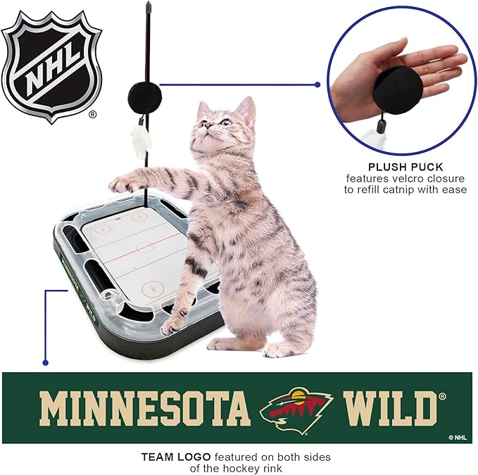 Pets First Cat Scratching Toy NHL MINNESOTA WILD Hockey Field Cat Scratcher Toy with Interactive Cat Ball Bell in Tracks. 5-in-1 CAT TOY: Cat Wand Poll with CATNIP FILLED Plush Hockey Puck & Feathers.