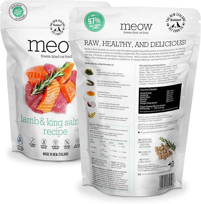 Meow Lamb & King Salmon Freeze Dried Raw Cat Food, Mixer, or Topper, or Treat - High Protein, Natural, Limited Ingredient Recipe 9.9 oz