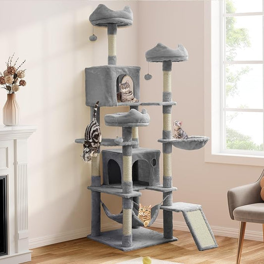 YITAHOME Cat Tree Tower for Indoor Cats, 75 inches Tall Multi-Level Cat Climbing Tower with Cat Condos, Cozy Plush Perches, Hammocks, Scratching Posts Board, Large Cat Activity Center, Light Gray