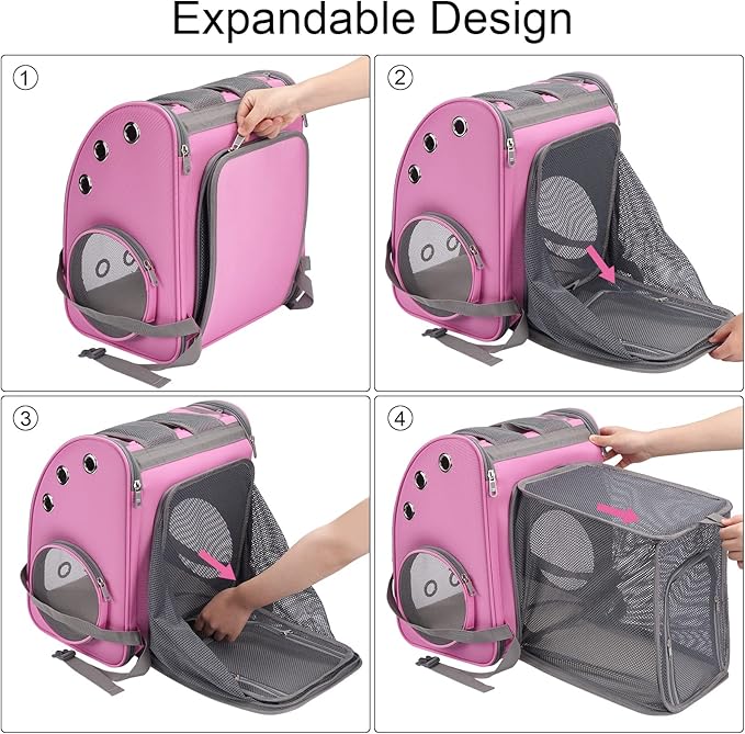 Expandable Pet Carrier Backpack for Cats, Dogs and Small Animals, Portable Pet Travel Carrier, Super Ventilated Design, Airline Approved, Ideal for Traveling/Hiking/Camping, Pink