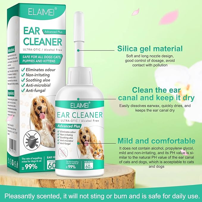 Ear Cleaner for Dogs, Dogs Ear Infection Treatment - Supports Soothing Dog Yeast Infection, Soothes Itchy & Inflamed Ears, Ear Odor, Pet Ear Care Supplement for Small, Medium and Large Dogs - 60ml