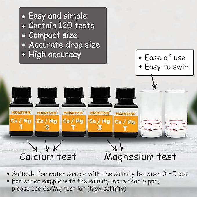 Monitor Calcium/Magnesium Low Salinity (0-5 PPT) Test KIT (120 Tests) - Monitor Aquarium and aquaculture Water Quality