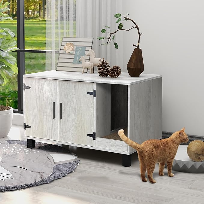 TaoHFE Litter Box Enclosure Cat Litter Box Furniture Hidden With Cat Scratch Pad Decorative Farmhouse Wooden Hidden Litter Box Cat House Litterbox Furniture Cat Box Furniture Litter Box Cabinet (Pine)