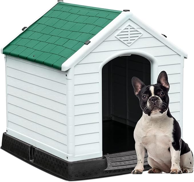 YITAHOME 28.5'' Plastic Dog House Outdoor Indoor Doghouse Puppy Shelter Water Resistant Easy Assembly Sturdy Dog Kennel with Air Vents and Elevated Floor (28.5''L*26''W*28''H, Green)