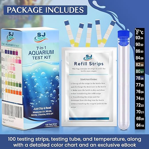 Aquarium Water Test Kit – 7 in 1 Fish Tank Water Testing Kit & eBook – Contains 100 Aquarium Test Strips & 1 Fish Tank Thermometer - Aquarium Test Kit Freshwater - Pond Water Test Kit