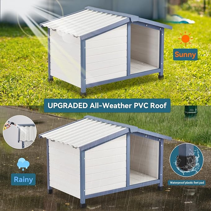 Petsfit Small Dog House, 33" L x 22.5" W x 25.2" H Waterproof PVC Roof Dog House for Small Dogs,Small Dog House with Adjustable Foot Mat and Door Flap, White