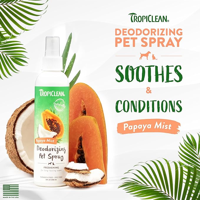 TropiClean Papaya Dog Perfume Spray Long Lasting | Naturally Derived Odor Removing Dog Deodorizing Spray | Cat Friendly | Made in USA | 8 oz.