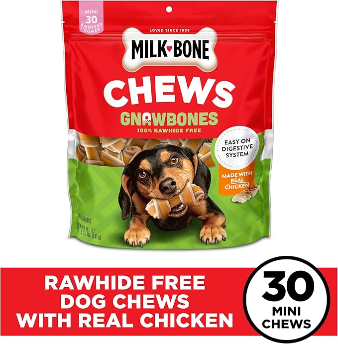 Milk-Bone Chews GnawBones Rawhide Free Dog Treats, Chicken, 30 Long Lasting Mini Knotted Bones