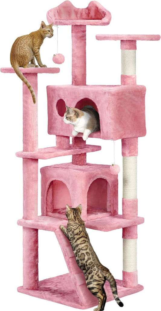 Yaheetech 62in Cat Tree Cat Tower for Indoor Cats, Cat Furniture w/Double Cat Condo, Scratching Posts, Multiple Platforms and Balls for Kittens & Cats, Pink