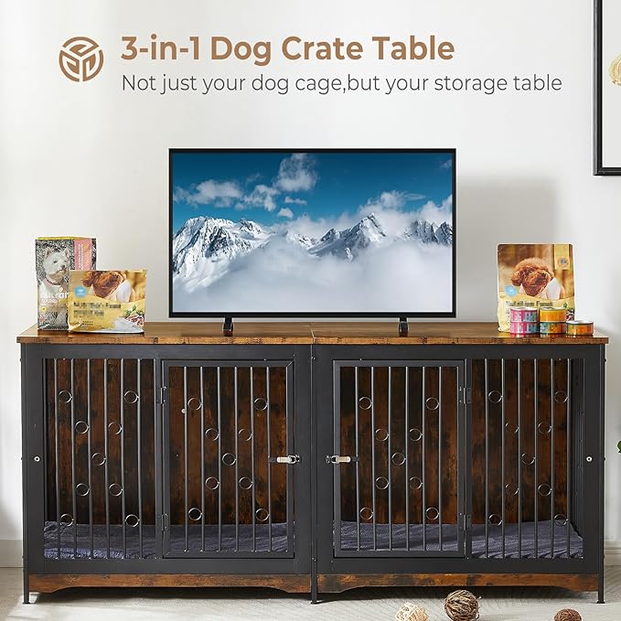 71'' Dog Crate Furniture for 2 Dogs, Wooden Double Dog Crate Large Breed with Cushion, XXL Indoor Dog Kennel TV Stand End Table with Divider for Large Medium Dogs, Brown