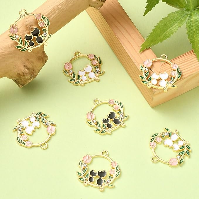 KitBeads 20pcs Cute Cat Charms Mixed Colors Flower Ring Wreath Charms Cartoon Rose Couple Kitten Charms for Jewelry Making Bracelets Bulk