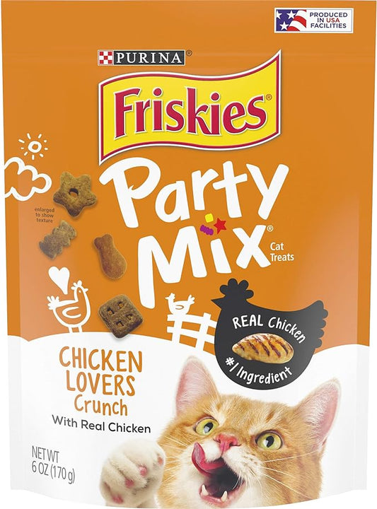 Purina Friskies Made in USA Facilities Cat Treats, Party Mix Chicken Lovers Crunch - (6) 6 oz. Pouches