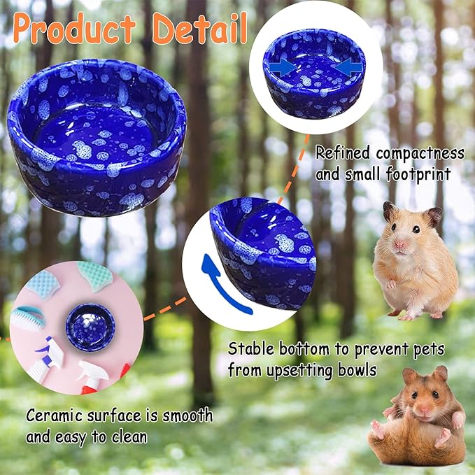 kathson 2 Pcs Hamster Food Bowl Guinea Pig Ceramic Water Bowl Small Animal Feeding Dish for Dwarf Hamster Gerbil Syrian Ferret Hedgehog Chinchilla Bunny (Navy)…