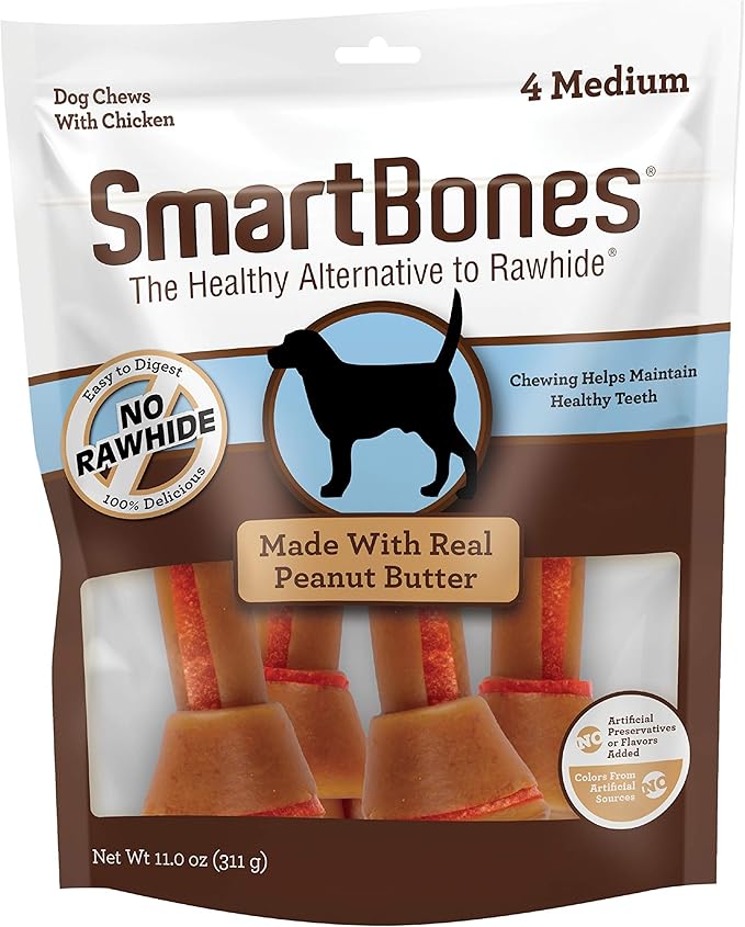 SmartBones with Peanut Butter Medium Chews 4 Count, Rawhide-Free Chews for Dogs, 11 oz, Case of 24 Individual Packs (SBPB-00317-1)