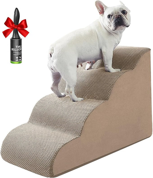 Ryoizen Dog Stairs Ramps for Large Medium Dogs to High Bed and Couch Up to 24'', 4-Step Dog Steps with Sturdy Foam, Pet Stairs with Non-Slip Bottom for Puppy and Cat, Gifts Lint Roller for Dogs, Tan