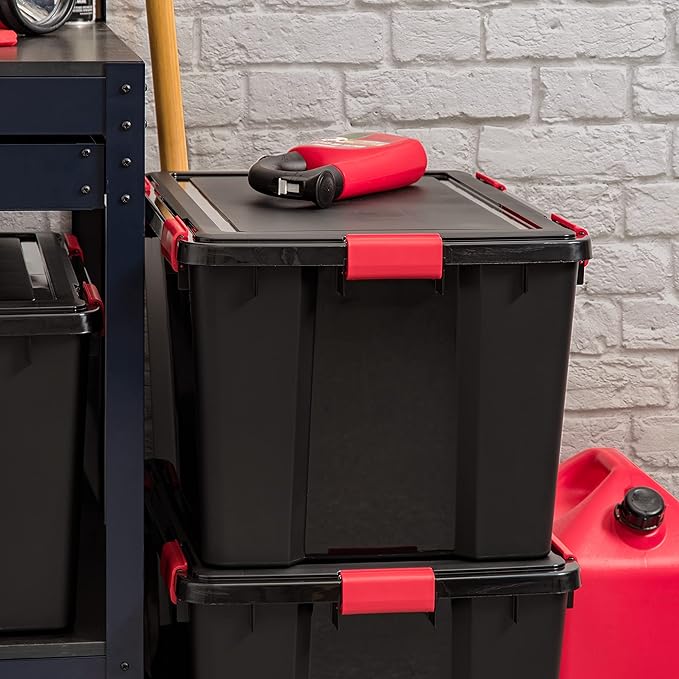 IRIS USA 74 Qt Storage Box with Gasket Seal Lid, 3 Pack - BPA-Free, Made in USA - Heavy Duty Moving Containers with Tight Latch, Weather Proof Tote Bin, WEATHERPRO - Black/Red