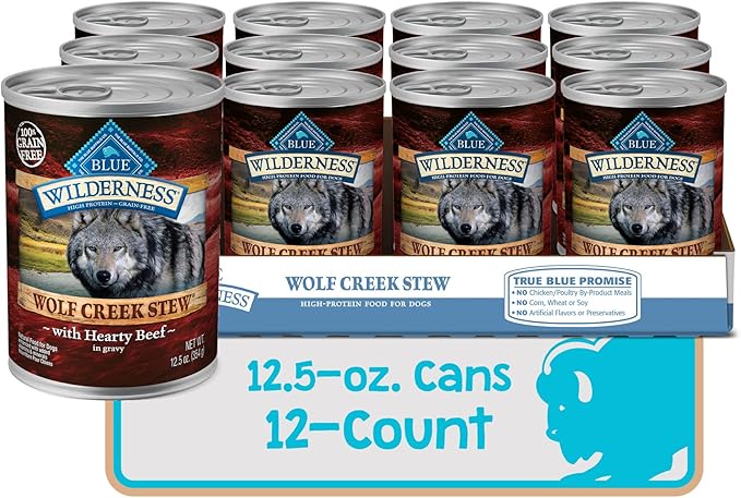 Blue Buffalo Wilderness Wolf Creek Stew Wet Dog Food, High-Protein & Grain-Free, Made with Natural Ingredients, Hearty Beef in Gravy, 12.5-oz. Cans (12 Count)