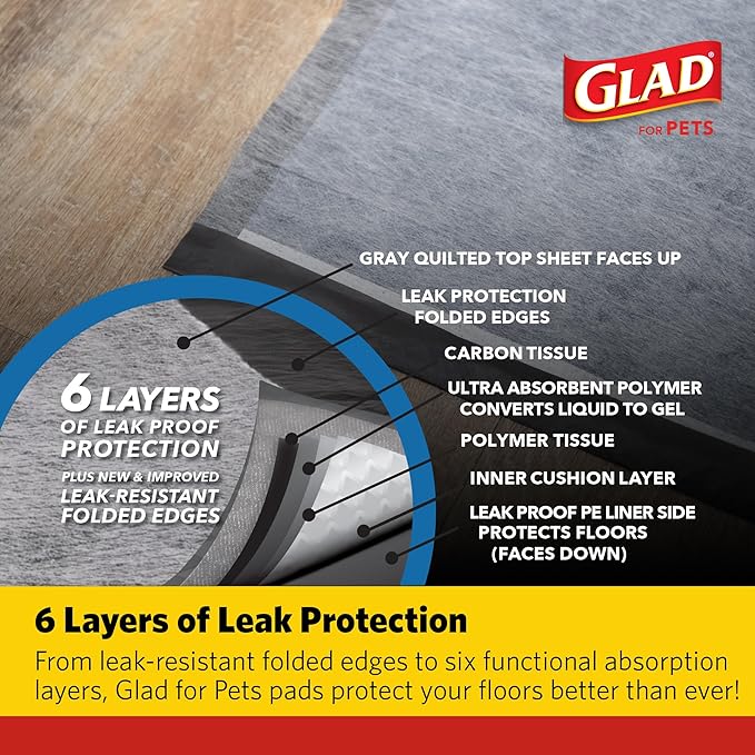 Glad for Pets Heavy Duty Activated Carbon Training Pads, 24" x 24" 100ct | Ultra Absorbent Training Pads - Absorbs 50% More Than Standard Pad in Same Size; Heavy Duty Puppy Potty Training Pads